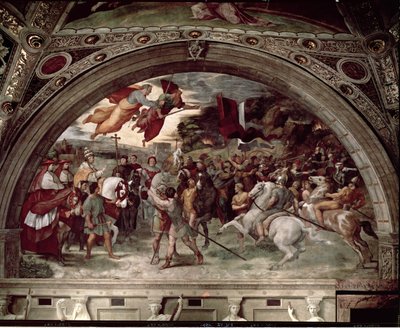 Paus Leo I (c.390-461) die Attila (c.406-453) afweert 1511-14 door Raffaello Sanzio Raphael